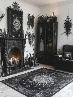 a living room filled with furniture and a fire place next to a black rug on the floor