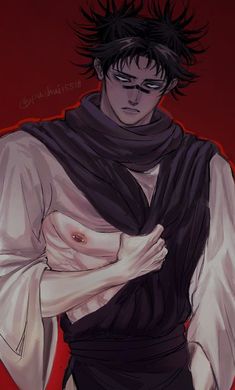 an anime character with black hair wearing a white shirt and scarf, holding his hands on his chest