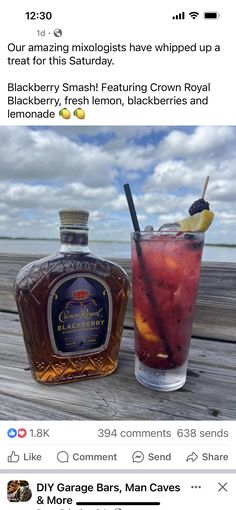 an image of a bottle of liquor next to a glass filled with ice and lemonade