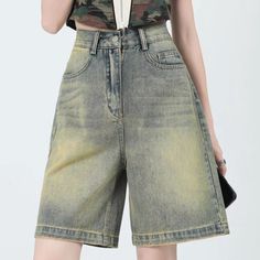 These high-waisted denim shorts feature a faded wash with distinct color gradations and a knee-length cut. They have a front zip closure, belt loops, and a classic five-pocket design Size:• XS: Waist: 60cm/ 23.6 in, Hips: 97cm/ 38.2 in, Length: 42.5cm/ 16.7 in• S: Waist: 64cm/ 25.2 in, Hips: 101cm/ 39.8 in, Length: 43cm/ 16.9 in• M: Waist: 68cm/ 26.8 in, Hips: 105cm/ 41.3 in, Length: 43.5cm/ 17.1 in• L: Waist: 72cm/ 28.3 in, Hips: 109cm/ 42.9 in, Length: 44cm/ 17.3 in• XL: Waist: 76cm/ 29.9 in, Hips: 113cm/ 44.5 in, Length: 44.5cm/ 17.5 in • XXL: Waist: 80cm/ 31.5 in, Hips: 117cm/ 46.1in, Length: 45cm/ 17.7 in Material: Denim E Girl Clothes, Knee Length Shorts, High Waisted Shorts Denim, Crafts For Teens, Soft Girl, High Waisted Denim, Grunge Outfits, Aesthetic Clothes, Denim Shorts