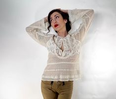 "Victor Costa patchwork lace blouse. Victorian revival, hippie, wedding, formal top. Bell sleeves. 17\" shoulder 31\" sleeve 38\" chest 23\" length" Feminine Long Sleeve Crochet Lace Blouse, Bohemian Lace Top With Lace Trim For Fall, Cream Long Sleeve Blouse With Lace Patchwork, White Bohemian Blouse With Lace Sleeves, Bohemian Lace Patchwork Top, Bohemian Long Sleeve Lace Top With Lace Trim, Bohemian Lace Blouse For Spring, Fitted Bohemian Lace For Spring, Bohemian Tops With Lace Sleeves For Fall