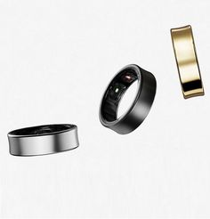 three different types of wedding bands and one with a cell phone in the middle, on a white background