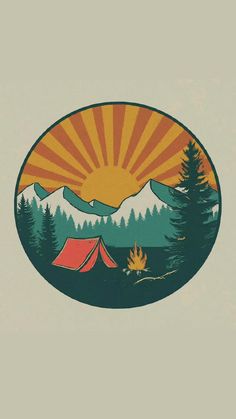 an oval sticker with a tent and trees in the background