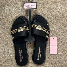 New With Tags Size 6 Juicy Couture Izzy Sandal/Slide Faux Leather Black With Gold Glitter Around Shoe And Gold Chain Across The Top With A Sparkling Heart With Logo. Logo Is Also On Each Outer Side. Questions? Leave A Comment Below! Juicy Couture Shoes, Gold Heart, Heart Of Gold, Black And Gold, Juicy Couture, Gold Glitter, Women's Shoes Sandals, Gold Chain, Gold Chains