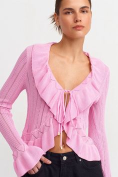 One size Ruffle sleeves and front detail Front tie strings 89% Viscose , %11 Polyamid Pink Ruffled Cardigan For Spring, Chic Ruffled Spring Cardigan, Chic Spring Cardigan With Ruffles, Tie Cardigan, Ruffle Sleeves, Dress Accessories, Best Sellers, Shirts Tops, Black Pink