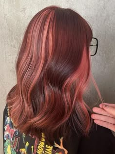 Two-Tone Hair Color Ideas: brown hair with peach highlights Auburn Hair With Color Blocking, Deep Maroon Hair With Blonde, Quarter Hair Color, Hair Panels Colored, Two Toned Dark Hair, Subtle Two Tone Hair, Fantasy Color Hair Ideas, Auburn Color Block Hair, Unquie Hair Color