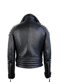 Men Classic Black Half Spiked Studded Zip Up Leather Jacket Fall Biker Jacket With Spikes And Long Sleeves, Fall Leather Jacket With Spikes And Long Sleeves, Fall Long Sleeve Biker Jacket With Spikes, Winter Biker Jacket With Spikes And Long Sleeves, Edgy Leather Jacket With Spikes, Long Sleeve Leather Jacket With Spikes For Streetwear, Edgy Long Sleeve Leather Jacket With Spikes, Fitted Long Sleeve Biker Jacket With Spikes, Fitted Long Sleeve Outerwear With Spikes