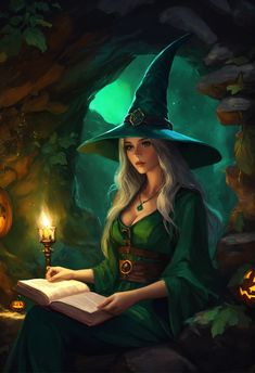 a woman dressed as a witch reading a book with a lit candle in her hand