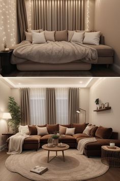 two pictures of a living room with couches and lights on the wall above them