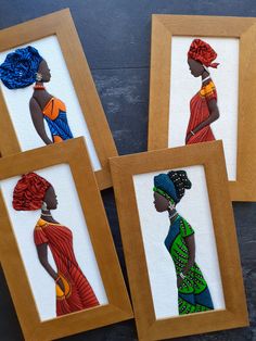 three framed art pieces depicting women in african dress