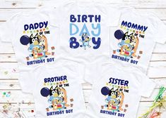 three personalized birthday shirts with cartoon characters and the words,'grandma of the birthday boy