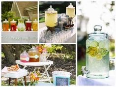 there are many different pictures with drinks on the table and in mason jars at the tables