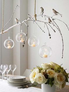 birds are sitting on branches and hanging from the ceiling, with candles in glass balls