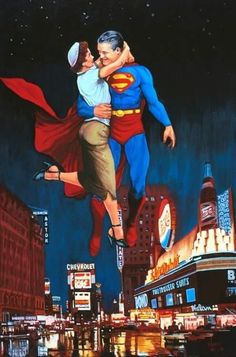 a painting of a man and woman hugging in the air over a city at night