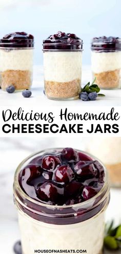 delicious homemade cheesecake jars with blueberries in them