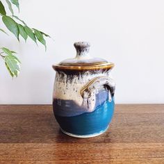 a blue and white ceramic jar with a plant in the corner on a wooden table