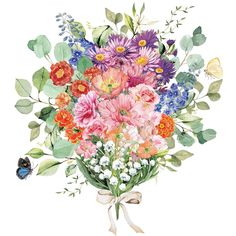 a watercolor painting of flowers and butterflies