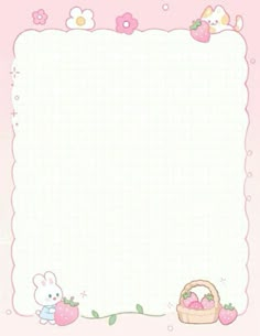 a pink background with an image of a bunny holding a basket and some strawberries