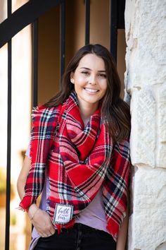 This is a red, navy, and cream plaid scripture blanket scarf with Faith over Fear on it. Blonde Christmas, Fall Scarf, Blue Puffer, Tartan Scarf, Plaid Blanket Scarf, Plaid Blanket, White Blonde, Winter Mode, How To Wear Scarves