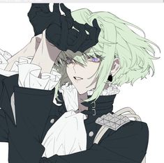 an anime character with green hair and black clothes holding his hand up to his head