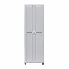 a tall white cabinet with two doors on each side