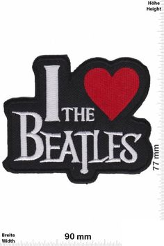 i love the beatles iron - on patch in black and white with red heart,