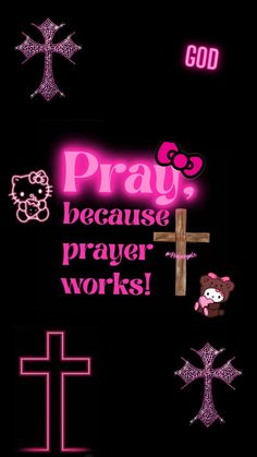 the words pray are lit up in pink and black with an image of a cross