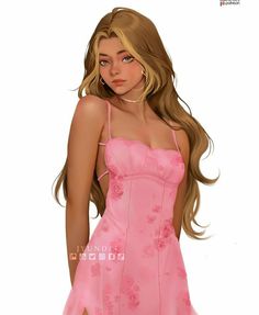 a girl in a pink dress with long hair