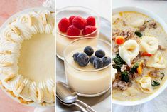 four different pictures of food including fruit, cheese and soup