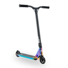 an adult scooter is shown with colorful wheels