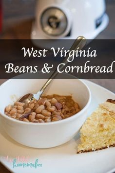 a bowl of beans and cornbread on a plate