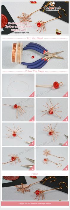 the instructions for how to make spider webs with wire and beads, including scissors