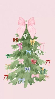 a watercolor christmas tree with pink bows and bows on it's top, against a light pink background