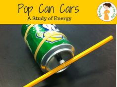 a yellow pencil sitting next to a green can with the words pop can cars on it