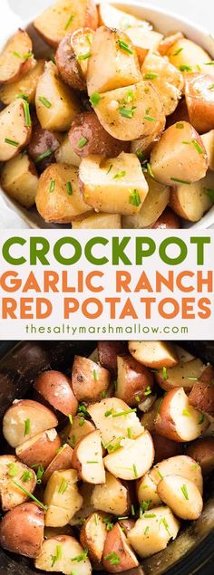 crockpot garlic ranch red potatoes in a skillet with the title above it