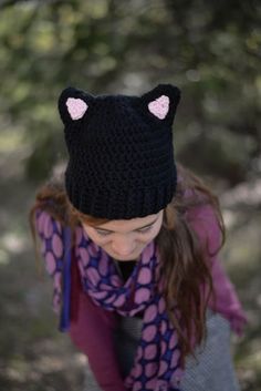 Black Cat Hat Kitty Hat Costume Hat Women's Gift by MyHeadCozy Black Cat Ears Hat With Cat Design, Black Hat With Cat Ears And Cat Design, Black Cat Design Hat With Cat Ears, Cute Cat Ears Hat With Cat Design, Cute Cat-ear Hat With Cat Design, Cute Cat-eared Hat With Cat Design, Cute Cat Design Hats With Cat Ears, Cute Black Crochet Hat For Winter, Cute Crochet Cat Ears Hat For Winter