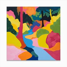 an abstract painting with trees and water