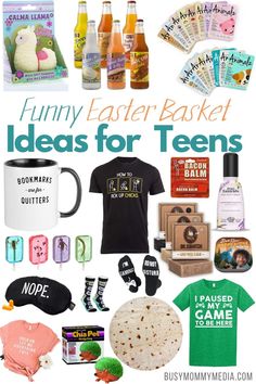 a bunch of items that are on top of a white background with the words funny easter basket ideas for teens