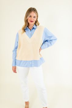 Ribbed V-neck Collared button up blouse Loose fit Non-sheer 100% Acrylic SIZES: S/M M/L Stay cozy and stylish with our Sweater Vest with Shirt. Available in both cream and navy, this versatile piece is perfect for layering and adding a touch of sophistication to any outfit. Let your inner fashionista shine with this must-have addition to your wardrobe! SIZE XS S M L XL 2XL 3XL FITS A SIZE 00-0 2-4 6-8 10-12 14-16 18-20 22-24 Beige V-neck Blouse For Layering, Cream Button-up Tops For Layering, Blue V-neck Blouse For Layering, Halloween Usa, Platform Heels Boots, Sandal Platform, Blue And White Dress, Platform Sandals Heels, Button Up Blouse