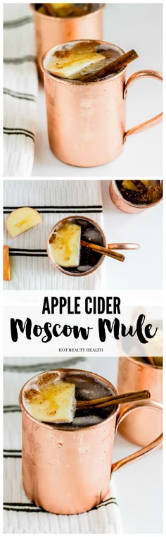 the process to make an apple cider moscow mule is shown in three different pictures