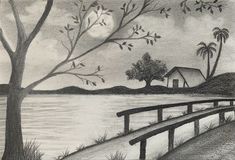 a pencil drawing of a lake with trees and a house in the distance, on a cloudy day