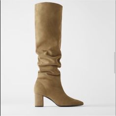 Nwt Taupe Leather Heeled Boots Split Leather Upper Inner Side Zipper Lined Wide Mid-Height Heel Heel Height 2.6 Inches Elegant Brown Heeled Boots By Zara, Elegant Suede Knee-high Boots For Spring, Office Suede Boots With Pointed Toe, Elegant Zara Boots With Low Heel, Chic Medium Width Closed Toe Knee-high Boots, Chic Knee-high Boots With Medium Width And Closed Toe, Zara Almond Toe Heels For Fall, Zara Low Heel Heels For Fall, Zara Almond Toe Heeled Boots For Fall