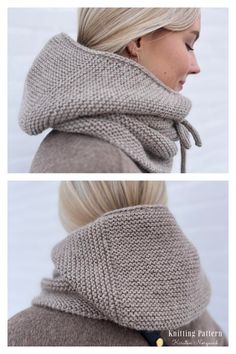 two images of a woman wearing a scarf and neck warmer in grey, with text overlay that says knitting pattern