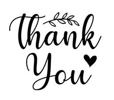 the word thank you written in black ink on a white background with leaves and hearts