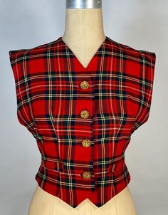 Vintage 1970's red tartan plaid wool blend cropped fitted top waistcoat vest S/M Red Blazer Outfit, Antique Clothing, Weave Pattern, Red Tartan, Red Blazer, Pretty Clothes, Fitted Top, Blazer Outfits, Maker's Mark