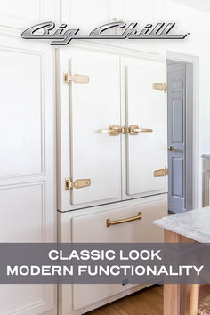 an old fashioned kitchen with white cabinets and gold pulls on the doors, is featured in this classic look