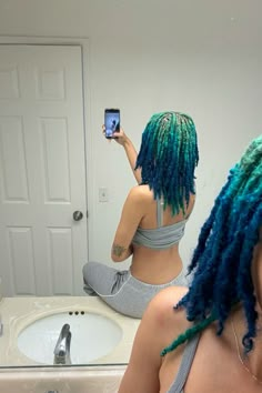 Multicolor Locs Black Women, Loc Color Inspiration, Green And Blue Hair Dye, Colors To Dye Your Dreads, Loc Color Combo, Blue Ombre Locs, Dyed Hair Combos, Different Color Dreads, Female With Dreads