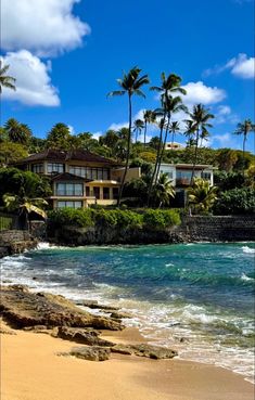 an ocean view with houses and palm trees in the background