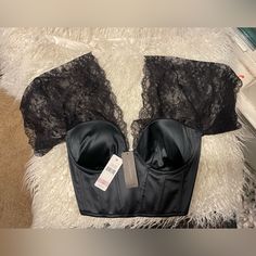 Nwt Josie Natori Elevate Kimono Bustier- Size 32d Black Strapless Top With Lace Trim, Elegant Black Bra With Sweetheart Neckline, Party Satin Bra With Removable Pads, Elegant Corset For Night Out, Fitted Satin Bra With Removable Pads, Elegant Underwire Tops For Night Out, Party Bra With Lace Trim And Fitted Style, Elegant Black Corset With Removable Bra Pads, Party Fitted Bra With Lace Trim