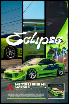 a green sports car parked in front of a building with the words eclipse written on it